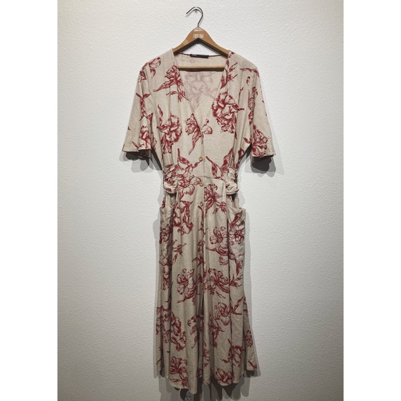 Zara Dresses & Skirts - Zara Tan Floral linen button down midi dress size size large